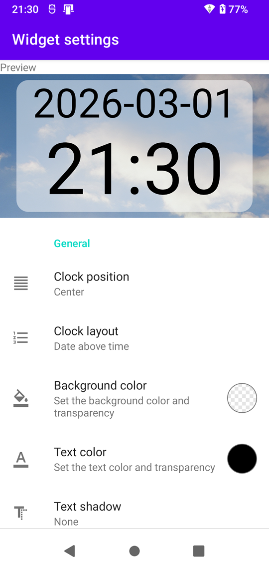 Example of the settings screen